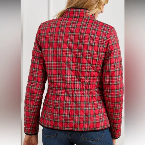Talbots Red Plaid Quilted Jacket Black Trim Preppy Women’s medium - Picture 3 of 15